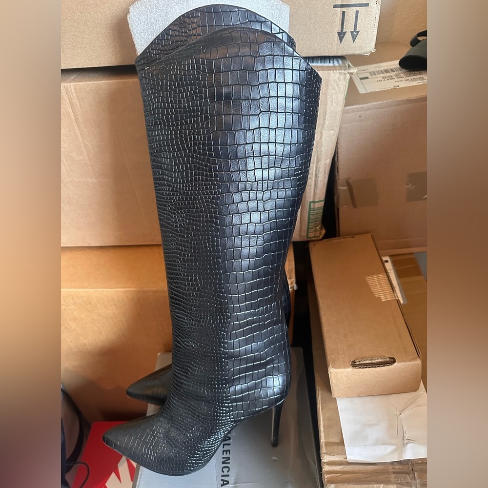 Black Crocodile-Embossed Knee-High Boots